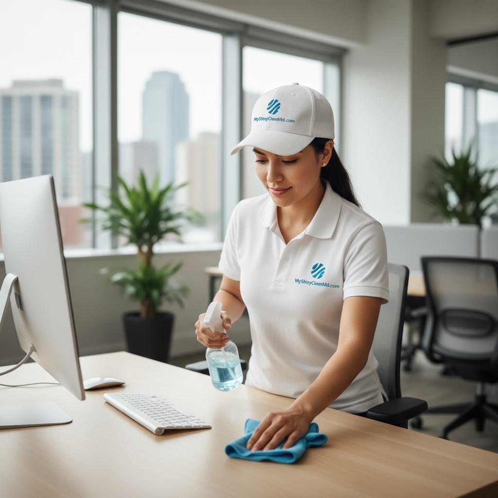 Hispanic woman cleaner sanitizing an office desk for commercial office cleaning in Baltimore County