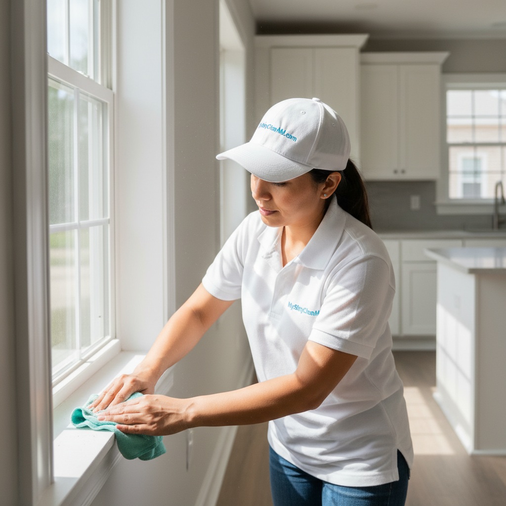 Hispanic woman cleaner doing post-construction cleanup after renovation in Maryland