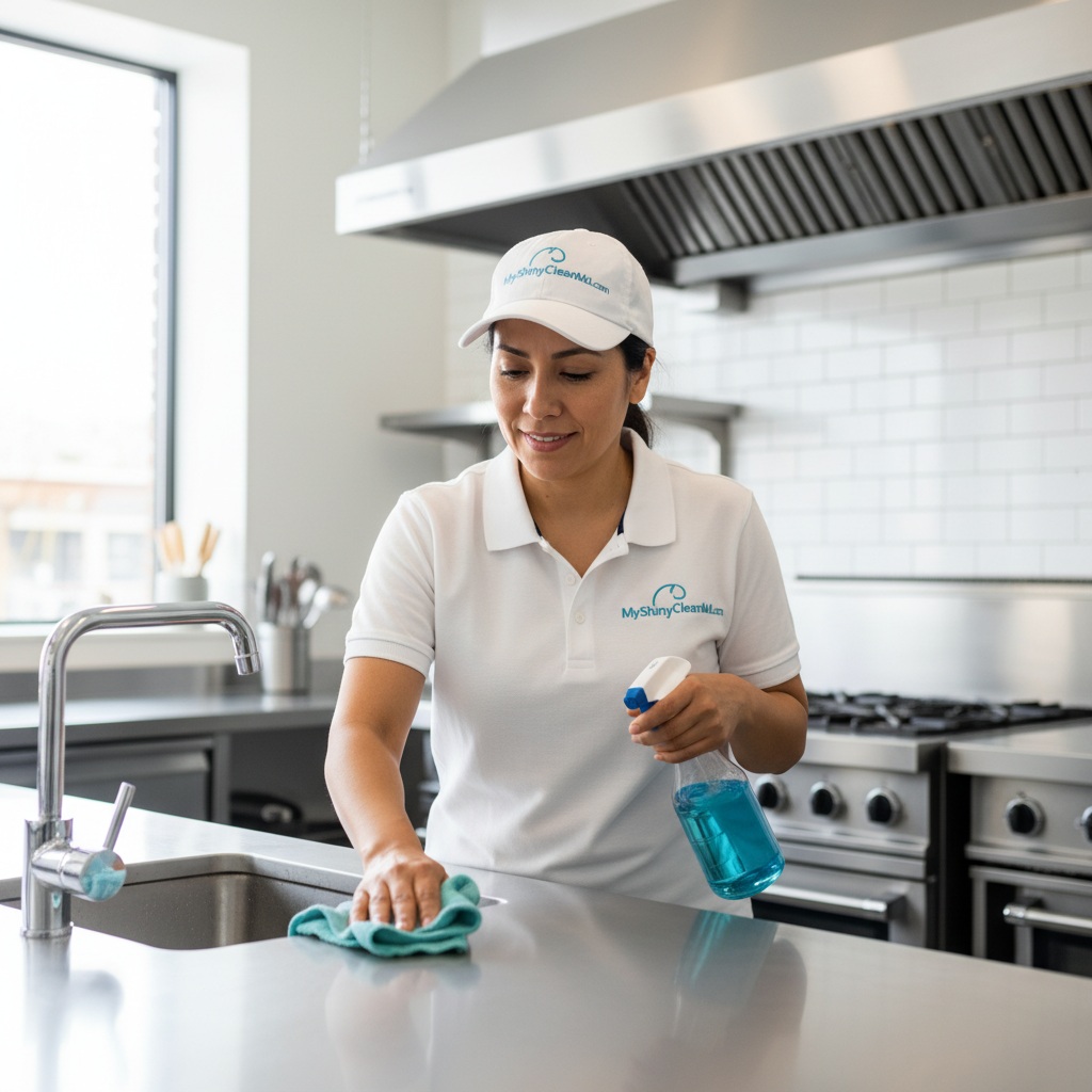 Hispanic woman cleaner sanitizing high-touch surfaces in a home or office
