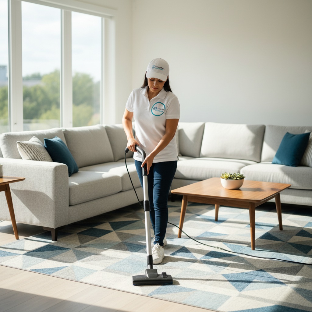 Hispanic woman cleaner vacuuming a living room for recurring house cleaning in Baltimore County